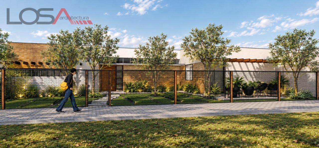 Render de LOSA Arquitectura con detalle de la fachada y jardín del anteproyecto
